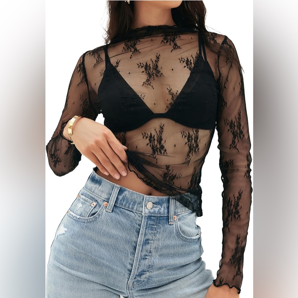 Black Sheer Lace Embroidered Mock Neck Mesh, Long Sleeve Floral Top